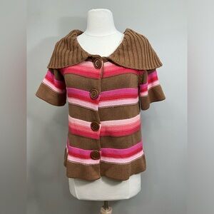 525 America Brown and Pink Striped Cardigan Buttons Short Sleeve Size M